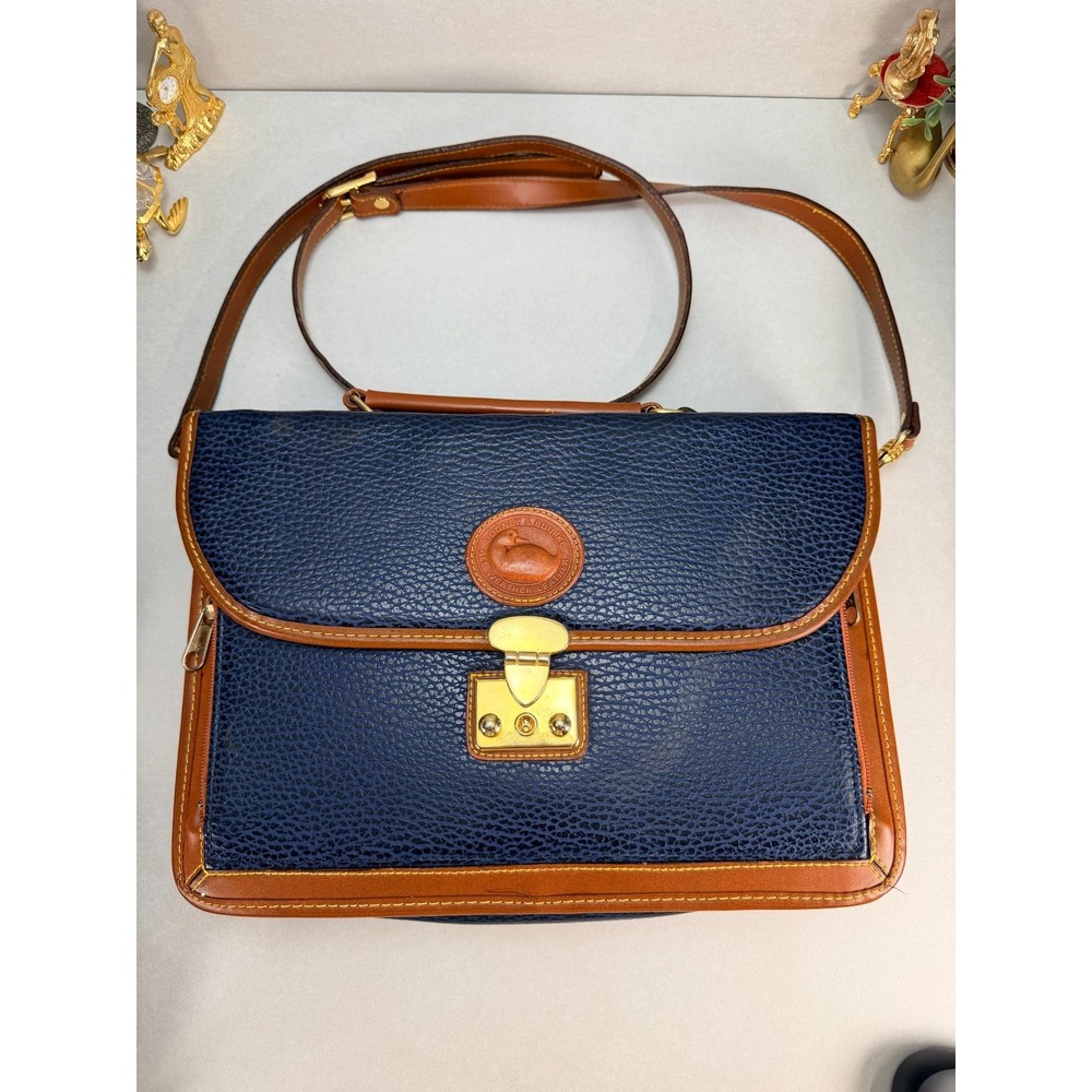 Vintage Dooney & Bourke All Weather Leather Navy Blue Brown Crossbody Bag Rare